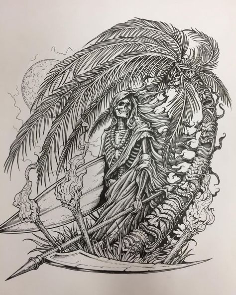 Dan Scholz on Instagram: “Surfs up !!🤘🏻#affliction #afflictionclothing #grimreaper #surfing #inkart #penart #fantasyart #sickart #tattooart #tattooideas” Jason Tattoo, Reaper Art, Affliction Clothing, Grim Reaper Art, Kite Surfing, Surfs Up, Pen Art, Grim Reaper, Ink Art