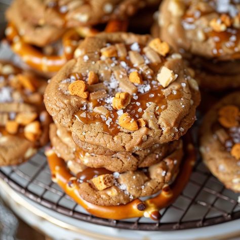 Sea Salt Butterscotch Pretzel Cookies Butterscotch Pretzel Cookies, Sea Salt Butterscotch Pretzel Cookies, Salted Caramel Pretzel Cookies, Pretzel Cookie Recipes, Butterscotch Pretzels, Pretzel Cookies Recipe, Caramel Pretzel Cookies, Peanut Butter Pretzel Cookies, Butterscotch Tart