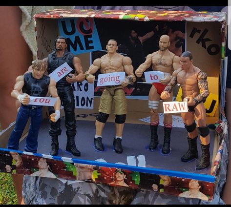 Shoe box with signs,and wrestling figures saying you are going to Raw Shoe Box, Fort, Birthday Gift, Wrestling, Birthday Gifts, Baseball Cards, Baseball, Signs, Birthday