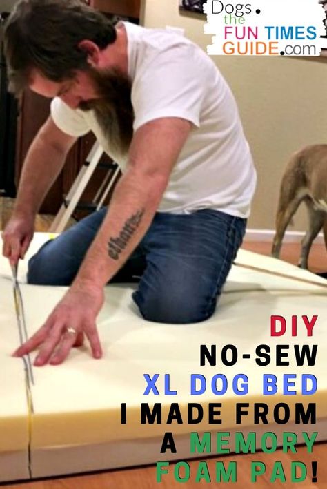 See how I made 2 no-sew XL dog beds from a Memory Foam Pad... for HALF the price of buying a new dog bed! #diydogbed #dogbed #diydogstuff Diy Giant Dog Bed, Great Dane Bed Ideas, Dog Mudroom, Diy Dog Bed Pillow, Xl Dog Bed, Dog Bed Ideas, Dog Beds Homemade, Giant Dog Beds, Big Dog Beds