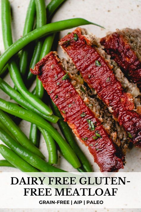 This Dairy-Free Gluten-Free Meatloaf is tender, juicy, and flavorful. It’s easy to make with ground beef, fresh herbs, and vegetables and is topped with a sweet and tangy glaze. This hearty main dish is also paleo and AIP-friendly. #dairyfreeglutenfreemeatloaf #glutenfreemeatloaf #dairyfreemeatloaf #easydinnerrecipes #groundbeef #quickdinnerrecipes #beefmeatloaf #beefrecipe #easymeatloafrecipe #bestmeatloaf #meatloafrecipe Aip Meatloaf Recipes, Aip Ground Beef Recipes, Dairy Free Meatloaf, Aip Meatloaf, Grain Free Meatloaf, Aip Sauces, Gluten Free Meatloaf Recipe, Make With Ground Beef, Aip Dinner