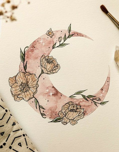 Watercolor Painting, Moon, Flowers, Watercolour Painting