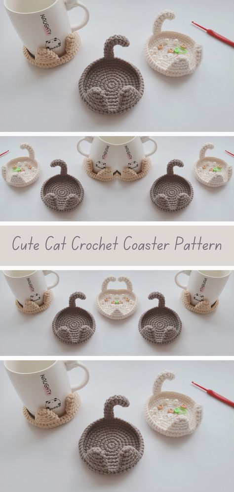 Beginners Free Guide to Stunning Crochet Cup Coasters Crochet Cat Potholder, Crochet Cat Butthole Coasters Free Pattern, Knitted Home Decor, Crochet Coasters Cute, Crochet Table Decor, Crochet Cute Gifts, Crochet Drink Coasters, Fun Crochet Gifts, Diy Gifts Crochet