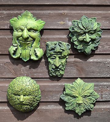 GREEN MAN WALL PLAQUES SET OF 5 CELTIC PAGAN FOLIATE STONE GARDEN ORNAMENTS Green Man Sculpture, Decorative Stone Wall, Tree Spirits, Green Woman, Celtic Pagan, Sandstone Color, The Green Man, Garden Plaques, Wood Spirit