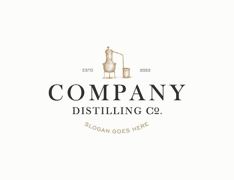 Vintage brewery logo company with handdr... | Premium Vector #Freepik #vector #logo Gin Logo Design, Distillery Logo, Whisky Logo, Vintage Brewery, Coffee Bean Shop, Brewery Logo, Bottle Designs, Adventure Logo, Spa Logo