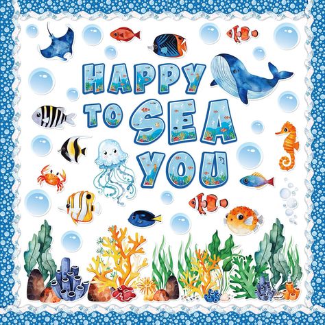 PRICES MAY VARY. THE PACKAGE INCLUDES: 112Pcs ocean animals bulletin board cutouts, come with 200Pcs glue points, sufficient quantity and vivid designs to meet your various needs. OCEAN THEME: Our bulletin board decor featuring ocean animals theme, adopt watercolor design with corals, whale, jellyfish, bubble and various tropical fishes, printed with the words of happy to sea you, pretty and delicate, will nicely increase the fun atmosphere. DURABLE MATERIAL: Made of premium paper material, stur Shark Bulletin Board Ideas, Ocean Bulletin Board Ideas, Fish Bulletin Boards, Sea Bulletin Board, Watercolor Sea Animals, Ocean Bulletin Board, Year Board, Ocean Theme Classroom, Class Door