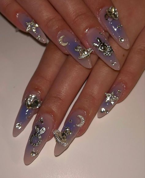 Formal Nails Purple, Dark Purple Nail Designs Almond, Saturn Nails Acrylic, Purple Charm Nails, Space Charm Nails, Planet Nails Design, Short Almond Nails With Charms, Purple Space Nails, Planet Nail Charms On Nails