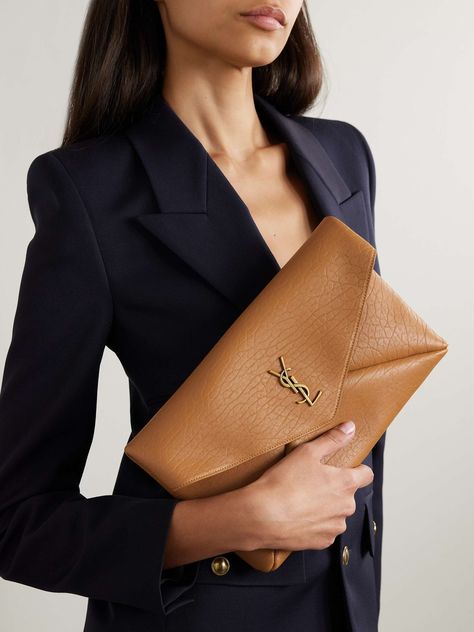 SAINT LAURENT Cassandre large textured-leather clutch | NET-A-PORTER Ysl Notebook, Ysl Clutch Bag, Ysl Girl, Ysl Clutch, Luxury Clutch, Leather Clutch Purse, Bag Obsession, Flat Dress Shoes, Floral Dresses Short