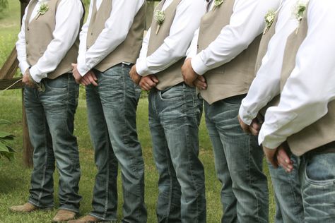 Groomsmen wore jeans, cowboy boots, vests and white dress shirts Groomsmen Jeans, Country Wedding Groomsmen, Cowboy Dress, Wedding Groomsmen Attire, Mens Wedding Attire, Groomsmen Outfits, Cowboy Wedding, Wedding Boots, Groom And Groomsmen Attire