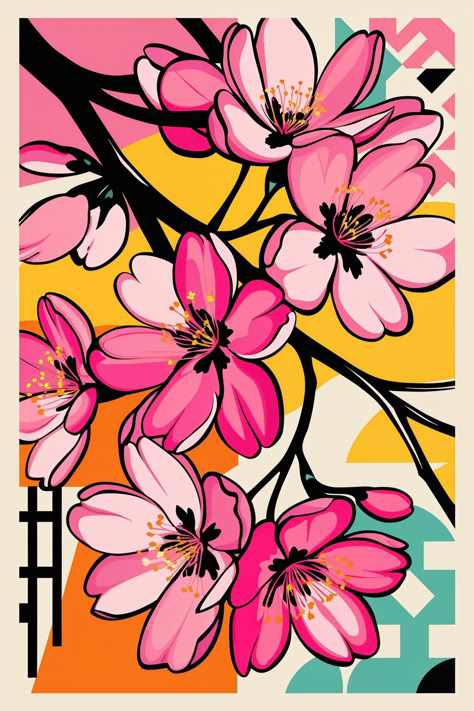 Japan Drawing Ideas, Floral Pop Art, Pop Art Flowers Painting, Pop Art Drawings Ideas Inspiration, How To Paint Cherry Blossoms, Pop Art Illustration Graphics, Flower Graphic Design Illustration, Mix Color Background, Japan Illustration Art