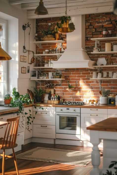 Add Character with a Brick Backsplash in Your Farmhouse Kitchen - Quiet Minimal Red Brick Kitchen Backsplash, Brick Floors Kitchen, Kitchen With Red Brick, Farmhouse Kitchen Brick Backsplash, Farmhouse Style Apartment, Exposed Brick Walls Kitchen, Brick Wall Kitchen Ideas, Kitchen Brick Backsplash, Brick Backsplash Ideas