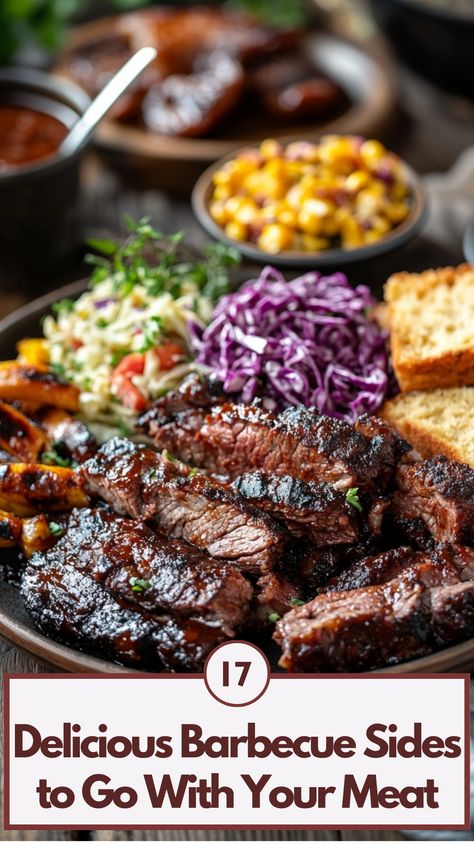 A plate of barbecue meat with classic sides like coleslaw, grilled vegetables, and cornbread placed on a rustic wooden table. Sides With Barbacoa, Bbq Feast Ideas, Texas Bbq Sides, Cookout Restaurant, Best Bbq Side Dishes, Barbeque Side Dishes, Classic Coleslaw, Barbecue Sides, Classic Macaroni Salad