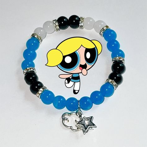 Bracelet Ideas With Glass Beads, Powerpuff Girls Bracelet, Glass Beads Bracelet Ideas, Blossom Buttercup Bubbles, Ppg Blossom, Cartoon Bracelet, The Power Puff, Girly Bracelets, Power Puff Girls