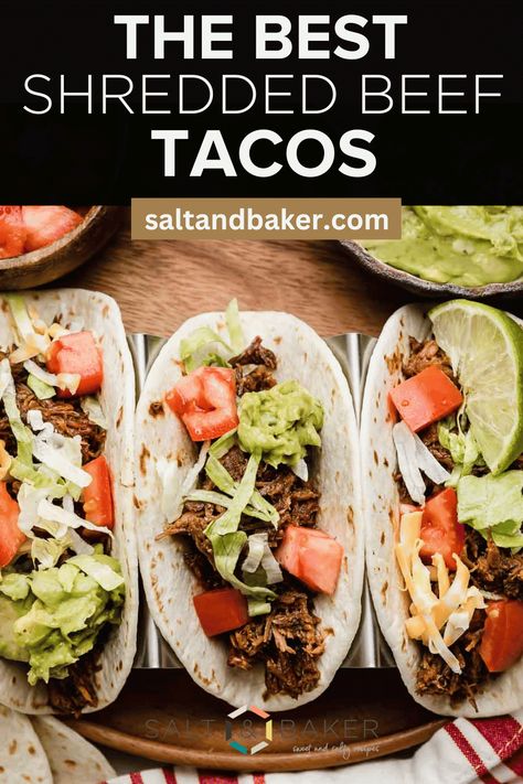 Super simple crock pot shredded beef tacos are the latest weeknight hero! Chuck roast is slow cooked until it becomes super tender and flavorful. Turn it into tacos, burritos, bowls, or anything you like. Just don't forget to top it with your favorite toppings! Roast For Tacos Crock Pot, Shredded Beef Taco Recipes, Crock Pot Steak Tacos, Crockpot Beef Tacos Shredded, Beef Brisket Tacos Recipes, Chuck Roast Crock Pot Recipes Mexican, Chuck Roast Tacos Slow Cooker, Beef Tacos In Crockpot, Beef Tacos Crockpot