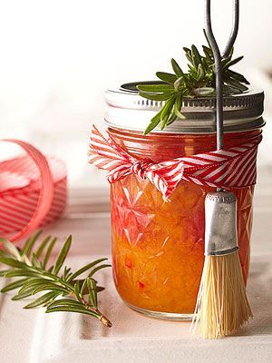 This sweet and spicy sauce for meat makes a yummy Christmas gift. Wrap a jar with ribbon and present with a basting brush./ Peach Sauce, Christmas Food Gifts, Sweet Shop, Jams & Jellies, Jar Gifts, Wrapping Ideas, Canning Recipes, Marinara, Sweet And Spicy