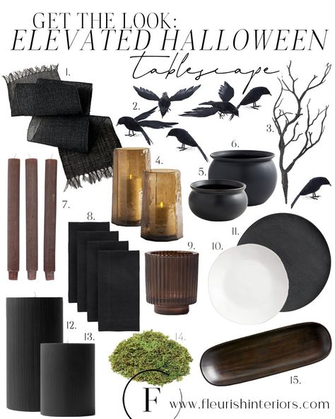 Neutral and Sophisticated Halloween Table Decor — Fleurish Interiors Simple Halloween Coffee Table Decor, Spooky Table Setting, Halloween Dinning Room Table, Coffee Table Halloween Decor, Halloween Kitchen Table Decor, Coffee Table Halloween Decor Ideas, Spooky Chic Halloween Decor, Tasteful Halloween Decor, Halloween Dinner Table Decor