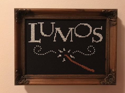 Lumos Harry Potter cross stitch with glow in the dark thread Lumos Harry Potter, Dark Cross Stitch, Harry Potter Lumos, Work Christmas Gifts, Harry Potter Cross Stitch, Harry Potter Blanket, Thread Ideas, Glow In Dark, In The Dark