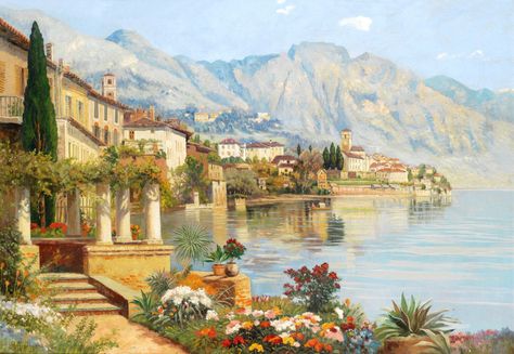 View of Riva del Garda puzzle in Piece of Art jigsaw puzzles on TheJigsawPuzzles.com. Play full screen, enjoy Puzzle of the Day and thousands more. Mediterranean Paintings, Pintura Exterior, Mediterranean Landscaping, Italian Landscape, Oil Painting For Sale, Framed Oil Painting, Lake Landscape, Classic Paintings, Oil Painting Reproductions