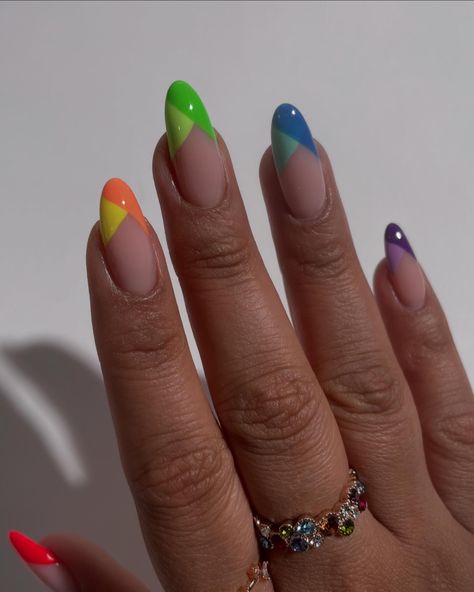 Posting stills for this rainbow lazy french nails I did yesterday. Created using all @cirquecolors neons 🫶🏻✨ #rainbownails #pridenails #rainbownailart #summernails #nailinspo bright nails, almond nails, nail art tutorial, colorful nails Bright Nails Almond, Almond Nails Nail Art, Tip Almond Nails, French Tip Almond Nails, French Tip Almond, Rainbow French, Rainbow Nail Art, Colorful Nails, Bright Nails