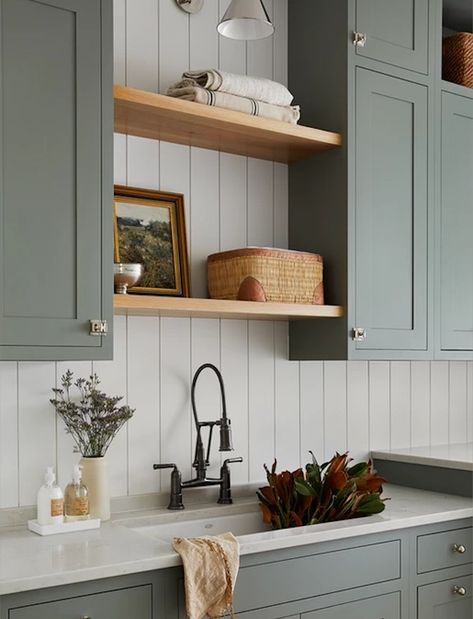 Mudroom Laundry Room, Gray Cabinets, Bedroom Remodel, Kitchen Farmhouse, Laundry Mud Room, Unique Kitchen, Black Kitchens, Beautiful Kitchens, Wood Shelves