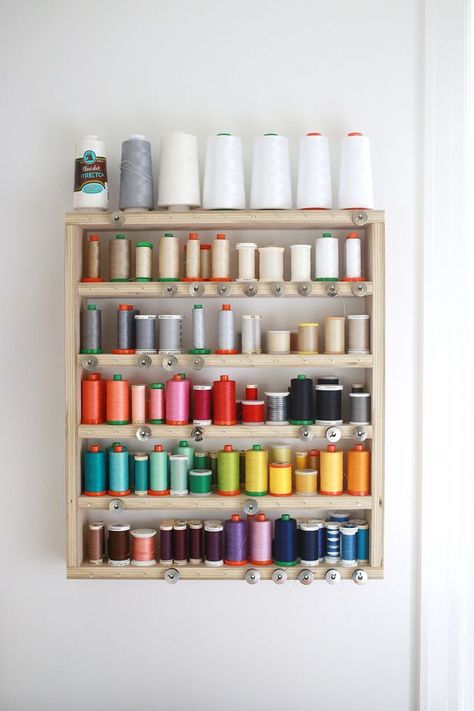 My DIY Thread Storage Shelf | In Color Order | Bloglovin’ Thread Diy, Thread Rack, Diy Rack, Sewing Room Storage, Messy Crafts, Thread Organization, Craft Sewing Room, Sewing Craft Room, Thread Storage