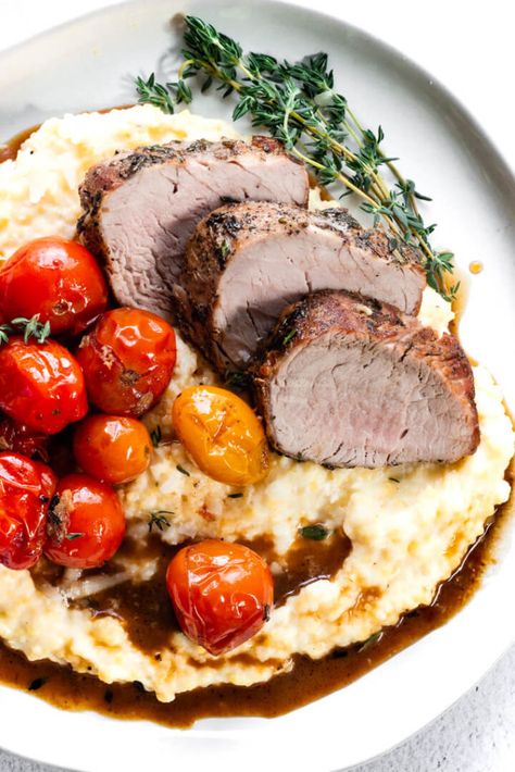 Herb-Crusted Pork Tenderloin with Creamy Polenta | Pass Me Some Tasty Gluten Free Gnocchi, Fall Eats, Paleo Main Dishes, Date Night Dinner, Polenta Recipes, Roasted Pork Tenderloins, Creamy Polenta, Roasted Cherry, Roasted Cherry Tomatoes