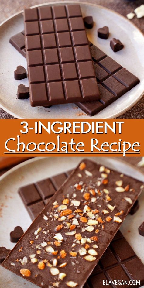 How to make chocolate in just 10 minutes: This homemade chocolate requires just 3 base ingredients, is simple to prepare, and super easy to customize. You can make your own vegan milk chocolate, dark chocolate, flavor it, or top it. Healthy Milk Chocolate, Simple Dark Chocolate Recipes, Keto Milk Chocolate Recipe, How To Make Vegan Chocolate, Make Your Own Chocolate Chips, Homemade Dark Chocolate Bars, Vegan Chocolate Candy Recipes, Diy Vegan Chocolate, Diy Chocolate Recipe