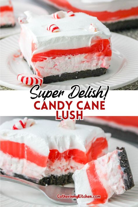 This candy cane lush is an amazing holiday dessert. Full of festive peppermint flavor and beautiful white and pink/red layers like a candy cane. Great for holiday parties. Layered Candy Cane Dessert, Candy Cane Desserts, Cool Whip Candy, Lush Desserts, Candy Cane Dessert, Lush Cake, Chocolate Cookie Crust, Lush Recipes, Peppermint Dessert