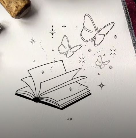 Butterfly And Book Tattoo, Bookish Doodles, Reading Tattoo, Borboleta Tattoo, Bookish Tattoos, Autumn Tattoo, Cute Tiny Tattoos, Cool Pencil Drawings, Cute Tattoos For Women