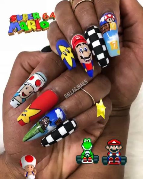 IM NOT PLAYING NO GAMES👾🕹😜 SUPER MARIO KART inspired by @nailzbylaquinta 🔥🔥🔥😍‭ #dallasjnails #nailart #southbeachnails #miaminailtech… Mario Kart Nails, Mario Nails, J Nails, Disney Acrylic Nails, Blogging Seo, Super Mario Kart, Nail Art Designs Images, Miami Nails, Nail Time