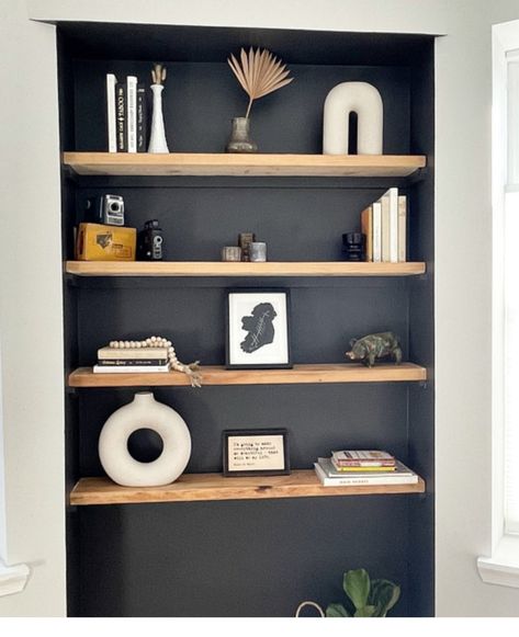 Black Alcove Shelves, Ideas For Nook Space, Alcove Bookshelf, Wall Niche Entryway, Hallway Niche Ideas, Wall Niche Ideas Living Room, Wall Niche Ideas, Wall Cubbies, Dark Accent Walls