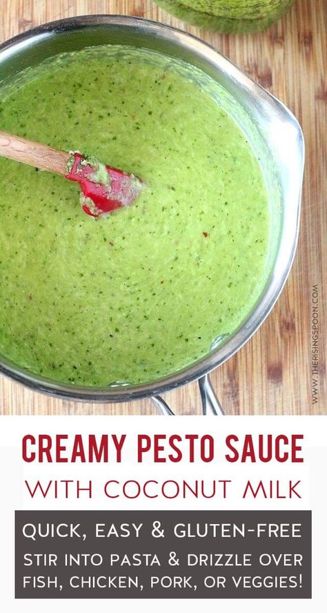 Creamy Pesto Sauce with Coconut Milk  {gluten-free & vegetarian} | Make your own creamy pesto sauce in minutes with full-fat coconut milk, homemade or jarred pesto, butter, cheese, and seasonings. Use it as a quick & easy sauce for pasta, pan-seared fish, chicken or pork, grilled or roasted veggies, and even a warm dip with fresh crusty bread! #summerrecipes #healthyrecipes #easydinner #glutenfree #glutenfreerecipe #easyrecipes #realfood