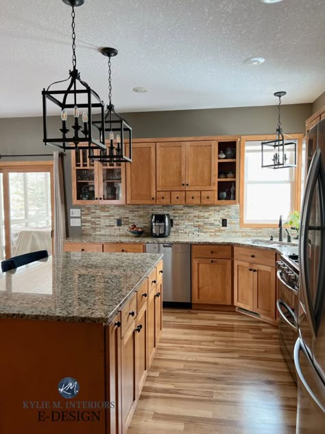 Double Wide Addition, Backsplash For Oak Cabinets, Kitchen Accent Wall Ideas, Kitchen Counter Black, Kitchens Backsplash, Oak Kitchen Remodel, Wood Kitchen Cabinet, Kylie M Interiors, Grey Kitchen Walls