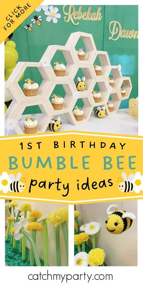 Honeycomb Birthday Decoration, Bee Birthday Decorations Ideas, Bumble Bee One Year Birthday, First Bee Day Centerpieces, Bee Theme 1st Birthday Party Ideas, Baby Party Activities 1st Birthdays, Bumble Bee Birthday Party 1st, Honeybee First Birthday Party, Bee Party Centerpieces