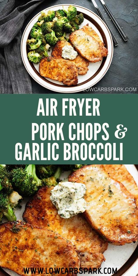 Air Fry Pork Chops, Crispy Broccoli, Keto Pork Chops, Air Fryer Pork, Low Carb Meats, Garlic Broccoli, Low Carb Pork, Tender Pork Chops, Air Fryer Pork Chops