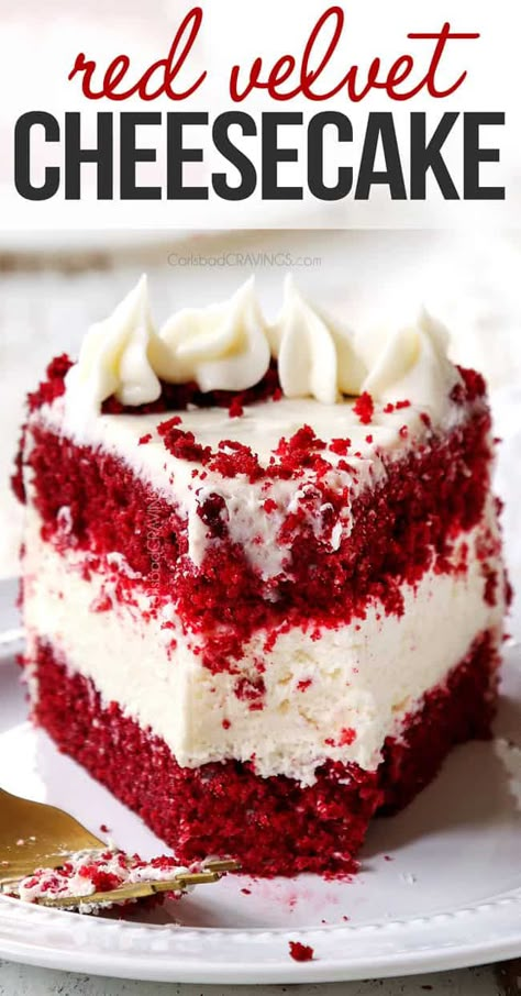 Red Velvet Cheesecake Cake Recipe, No Bake Red Velvet Cheesecake Recipes, Best Red Velvet Cheesecake Recipe, Redvelvet Cheesecake Cake, Red Velvet Cheesecake Recipes, Red Cake Ideas, Red Velvet Dessert Recipes, Easy Red Velvet Cheesecake, Red Velvet Cake Cheesecake