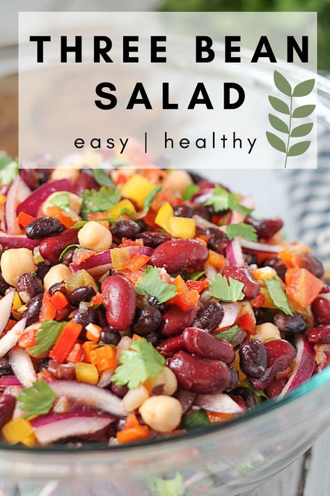 three bean salad in a glass bowl Marinated Beans Recipe, Bean Salad Recipes Easy, Three Bean Salad Recipe, Bean Salad Dressing, Salsa Dressing, Cilantro Salsa, Cilantro Recipes, Bean Salad Recipe, Three Bean Salad