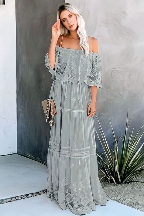 Gray Flower, Tiered Skirts, Elegant Maxi Dress, Grey Maxi Dress, Long Romper, Makeup Style, Boho Lace, Maxi Robes, Linnet