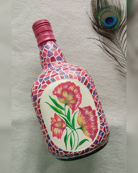 Upcycled handpainted bottles. Glass Pot Painting Ideas, Bottel Paintings Aesthetic, Old Monk Bottle Painting, Bottle Art Ideas Paint, Palash Flower, Matka Painting, Bottle Painting Ideas, Glass Bottle Painting, Beer Bottle Art