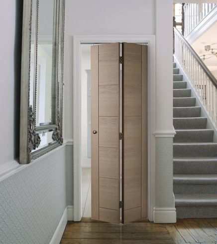 Linear Oak Bi-fold Door Fold Door Ideas, Folded Door, Folding Door Bathroom, Bathroom Folding Door, Bi Fold Door, Folding Bathroom Door, Folding Doors Ideas, Folding Door, Bifold Bathroom Door