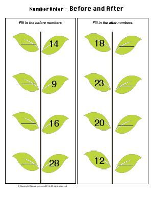 Worksheet | Number Order - Before and After | Fill in missing before and after numbers on the leaves (up to 30). Before Number Worksheet 1 To 20, After Numbers Activities, Before Number Worksheet, Before And After Numbers, Worksheet Number, Shape Worksheets For Preschool, Math Fact Worksheets, Letter Worksheets For Preschool, Math Addition Worksheets