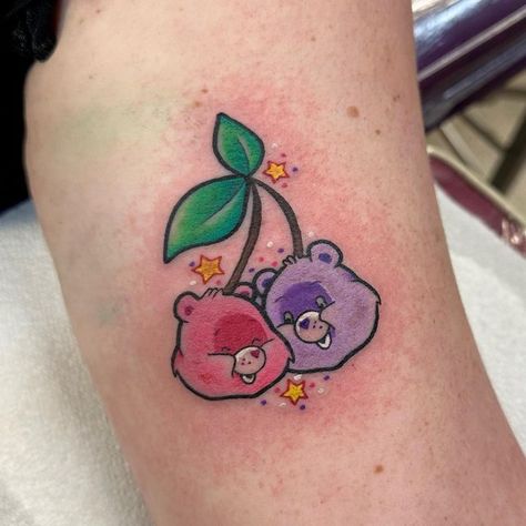 Tenderheart Bear Tattoo, Matching Care Bear Tattoos, Care Bear Heart Tattoo, Small Care Bear Tattoo, Care Bears Tattoo Ideas, Carebears Tattoos, Care Bear Drawings, Grumpy Bear Tattoo, Care Bear Tattoo Ideas