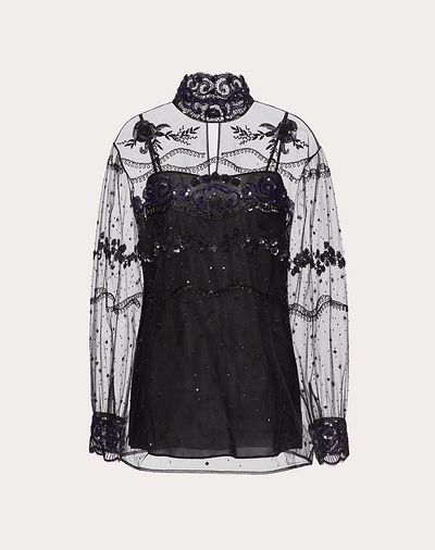 Shirts and Tops | Valentino.com Tulle Blouse, Slip Top, Georgette Tops, Valentino Black, Black Tulle, Boom Boom, Couture Tops, The Master, Embroidered Blouse