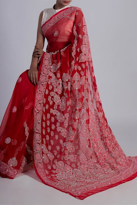 Hand Embroidered Red Colour Lucknowi Chikankari Saree (With Blouse - Georgette) GA250606 Red Chikankari Saree, Lucknowi Chikankari Saree, Chikankari Saree, Chikankari Suits, Tussar Silk Sarees, Lucknowi Chikankari, Kota Sarees, Sarees Cotton, Sarees Silk