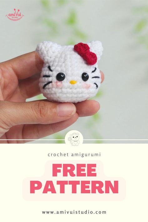 Discover the charm of crocheting with our free Hello Kitty Tiny Amigurumi pattern by Amivui Studio. This petite, adorable project is perfect for both beginners and experienced crocheters. Follow our step-by-step instructions, available on amivuistudio.com, and bring this beloved character to life, one stitch at a time. Get ready for a delightful crochet adventure! Easy Hello Kitty Crochet, Crochet Mini Hello Kitty Free Pattern, Small Hello Kitty Crochet Pattern, Free Amigurumi Patterns Keychain, Hello Kitty Crochet Keychain Pattern, Hello Kitty Keychain Crochet Free Pattern, Tiny Crochet Projects Free, Crochet Hello Kitty Pattern, Hello Kitty Free Crochet Pattern