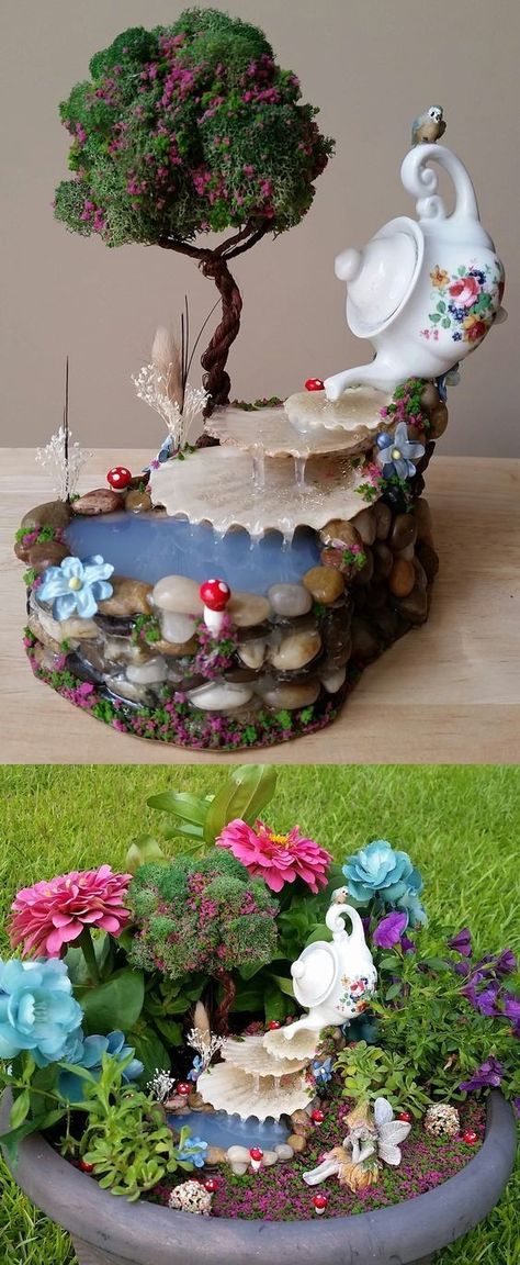 Fairy Garden Design Ideas, Fairy Garden Plants, Diy Water Fountain, Diy Fountain, Garden Waterfall, Fairy Garden Designs, Fairy Garden Crafts, Mini Fairy Garden, Fairy Crafts