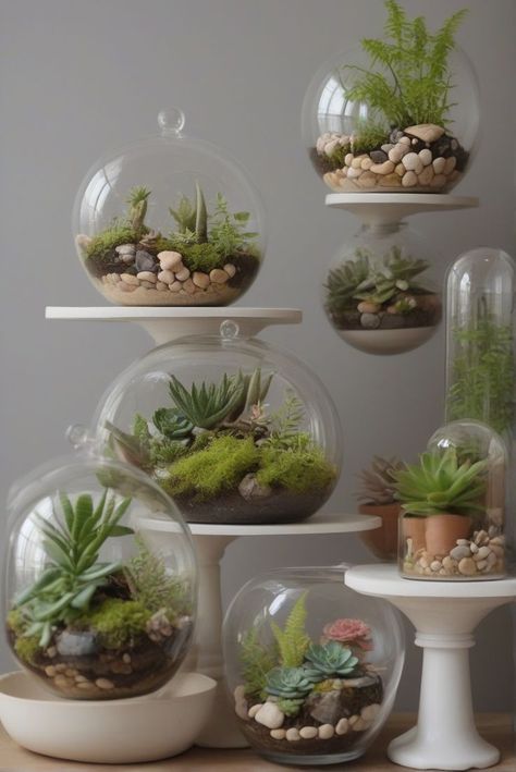 Table adorned with chic terrariums containing small indoor plants in clear containers. Mini Ecosystem, Clear Containers, Small Indoor Plants, Terrarium Decor, Clear Container, Elevate Your Home, Ecosystem, Love A, Terrarium