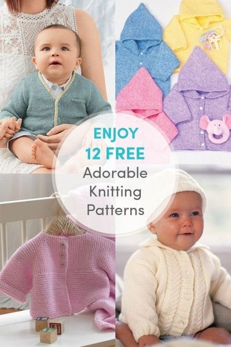 12 free adorable knitting patterns Free Knitting Patterns Uk, Crochet Baby Mittens, Baby Cardigan Knitting Pattern Free, Baby Boy Knitting Patterns, Baby Sweater Patterns, Knitting Baby, Baby Sweater Knitting Pattern, Baby Boy Knitting