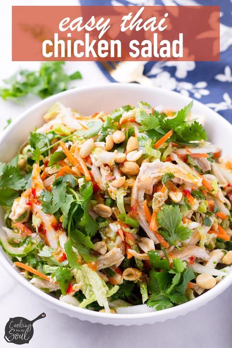 Easy and Crunchy Thai Chicken Salad! Delicious Thai style chicken salad, packed with napa cabbage, cilantro, scallions, carrots, and peanuts. Dressed with a sweet chili dressing #cookingformysoul Dressing For Chicken Salad, Sweet Chili Dressing, Thai Style Chicken, Crunchy Salads, Chili Dressing, Asian Inspired Salad, Thai Chicken Salad, Rotisserie Chicken Breast, Thai Salads