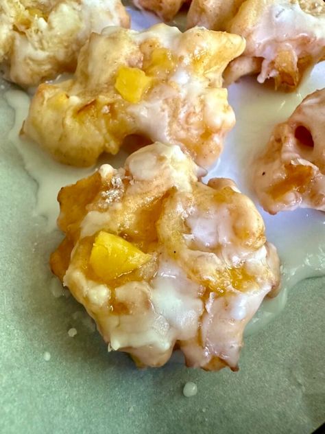 Fried Peach Fritters - Aletia DuPree Fried Peaches, Peach Fritters, Southern Cookbook, Sweet Glaze, Fresh Fruit Recipes, Peach Puree, Fritter Recipes, Dessert Dips, Tea Cakes